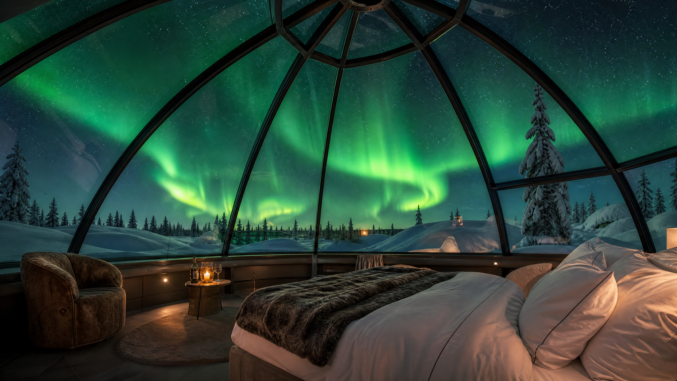 北欧极地玻璃穹顶小屋在极光下的梦幻‌夜景